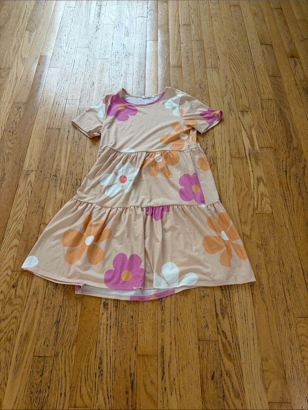 Peach Floral Tiered Mini Dress with Pink & Orange Blooms